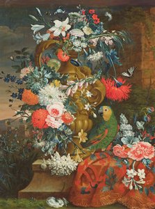 Boeket bloemen en een papegaai